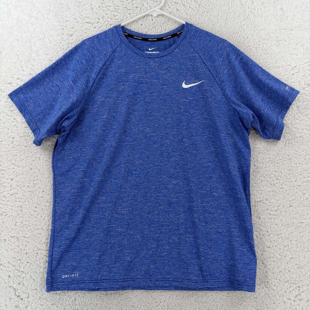 Nike Swim Shirt Mens Large Blue Dri-FIT Short Sleeve Rash Guard UPF 40+ NESSA589